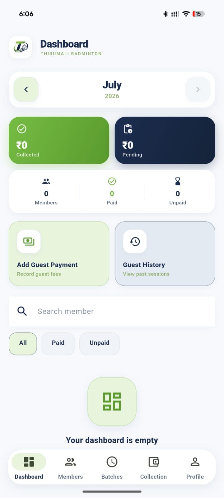 Thirumalai Badminton monthly collection dashboard