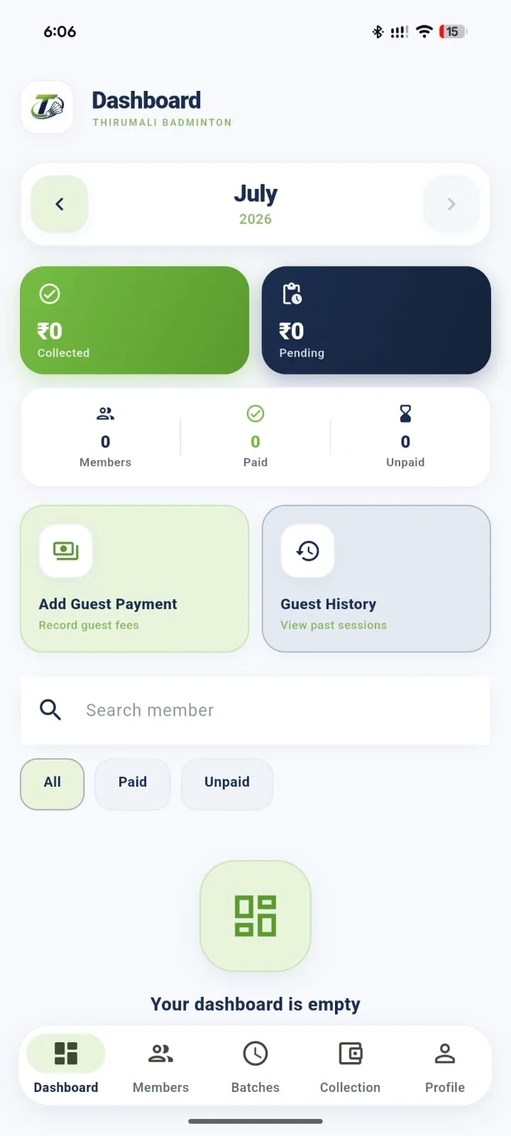 Thirumalai Badminton monthly collection dashboard
