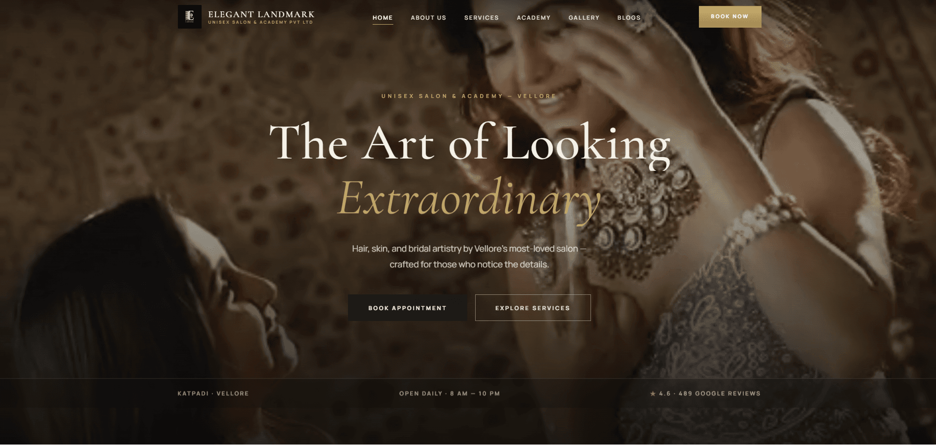 Elegant Landmark Unisex Salon premium website homepage