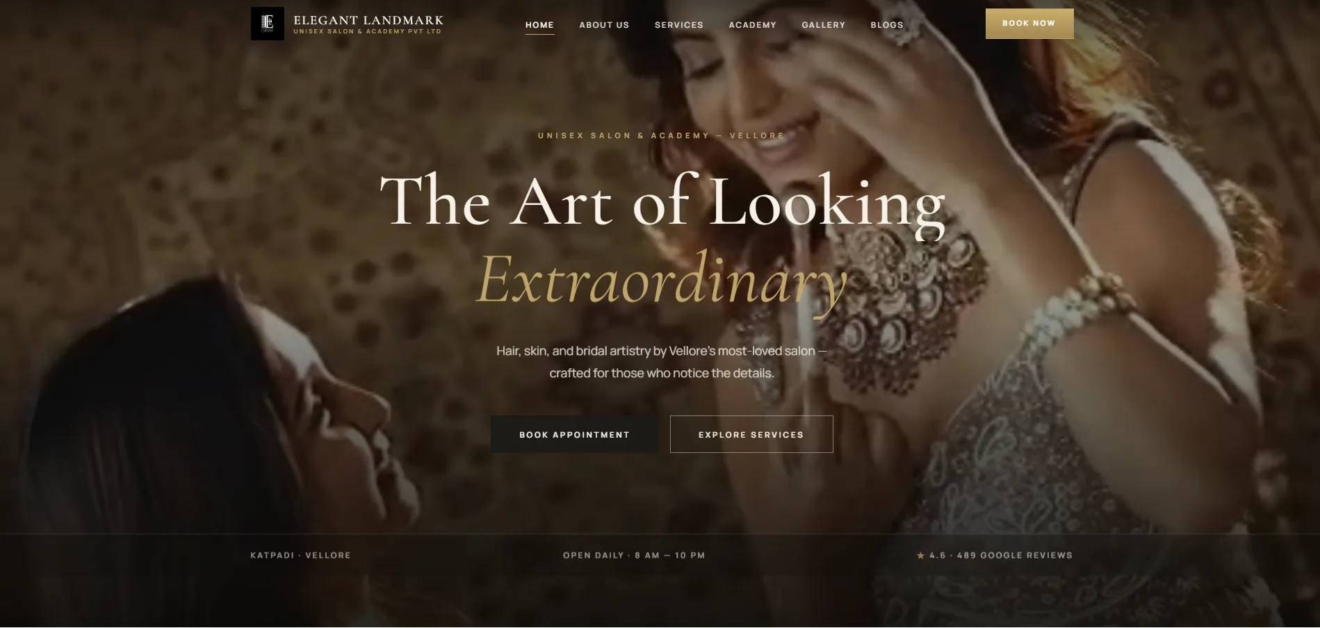 Elegant Landmark Unisex Salon premium website homepage