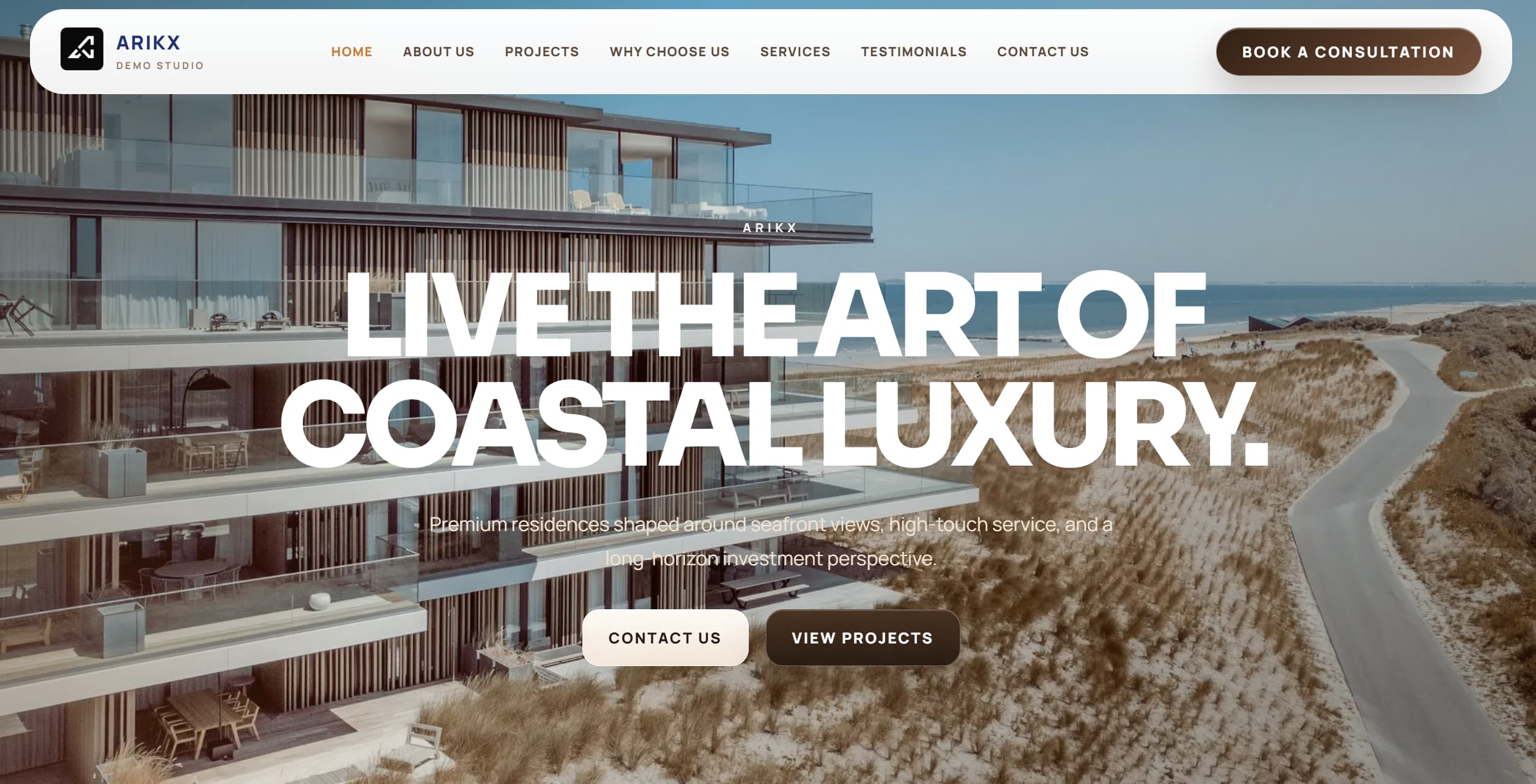 ARIKX Real Estate Demo coastal luxury website hero