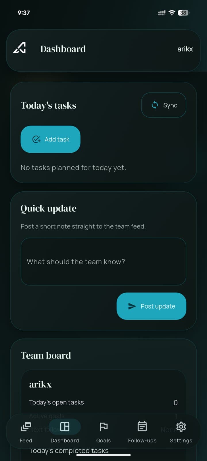 ARIKX Tracker App internal dashboard screen